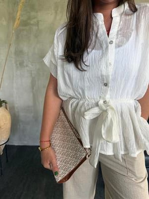 Dantel Desenli , Belden Bağlamalı , Premium , Beyaz Bluz