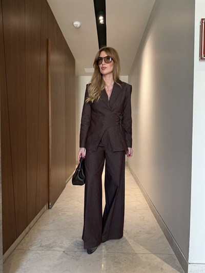 Orijnal Marka, Likralı Gabardin , Bağlama Detaylı Acıkahve Premium Takım