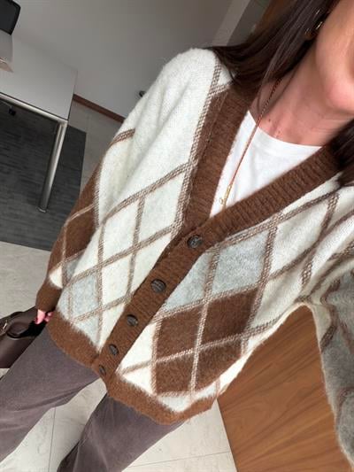 Baklava Desenli , Yumuşacık , Kahverengi , Dilvin Triko Hırka