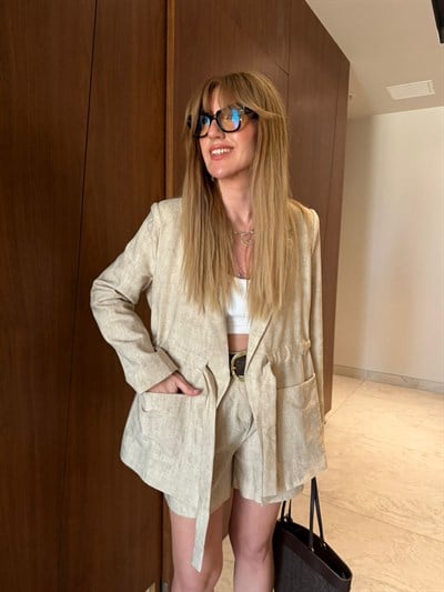 Belden Büzgülü , Ceket & Şort , Özel Dokulu , Bej Takım