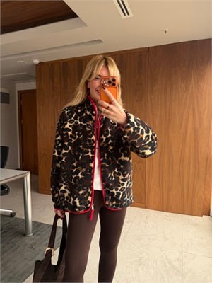 Önden Fermuarlı , Dik Yaka , Leopar Desenli ,Teddy Mont