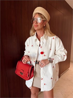 Orijinal Model Kiraz Nakışlı Ekru Gabardin Ceket