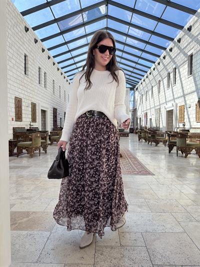 Orijinal Model , Deri Kemerli , Çiçekli , Acıkahve Etek