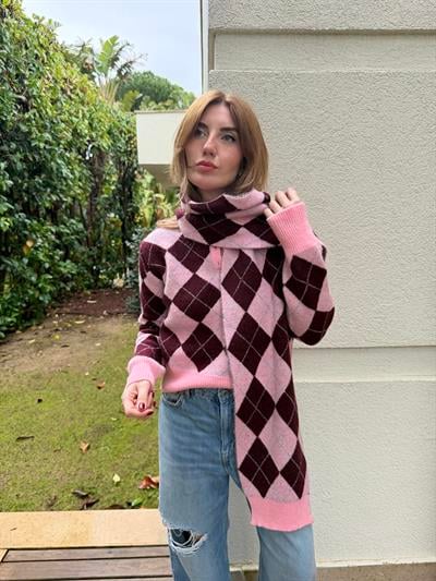 Bordo & Pembe , Atkılı , Baklava Desenli Triko