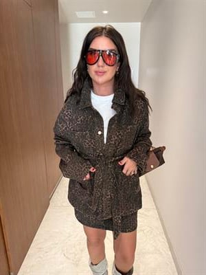 Leopar Desenli , Yumuşacık , Gabardin , Kuşaklı Jean Ceket
