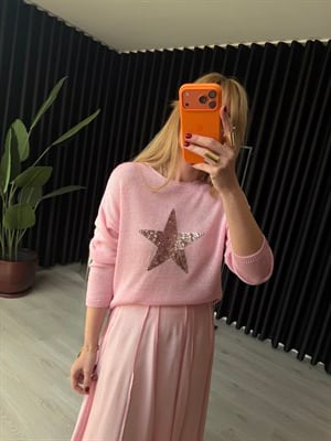 Yıldız Payetli Pembe Merserize Bluz