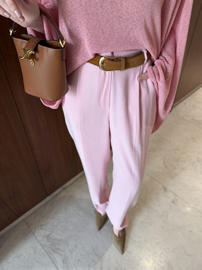 Orijinal Model , Süet Kemerli , Pembe , Tok Tencel Pantolon