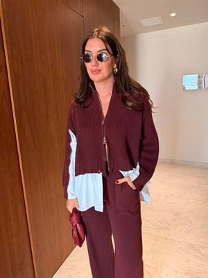 Poplin Detaylı , Önden Fermuarlı , Bordo Triko Takım