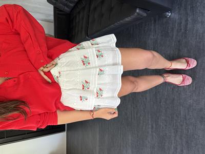 Kırmızı Çiçek İşlemeli , Fistolu Etek