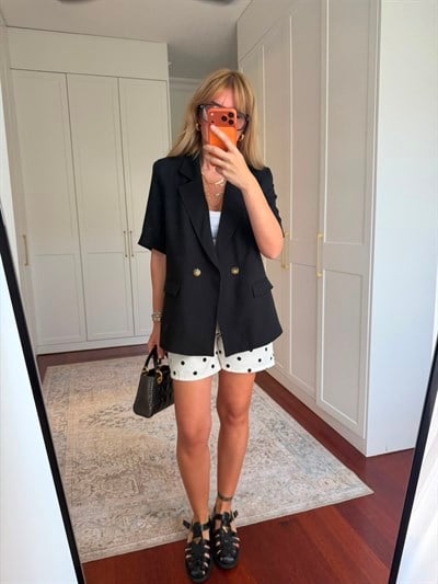 Tencel Dokuda , Kısa Kollu , Premium Siyah Blazer Ceket