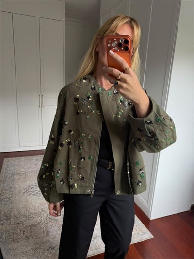 Pul Payet İşlemeli , Haki , Premium Gabardin Ceket