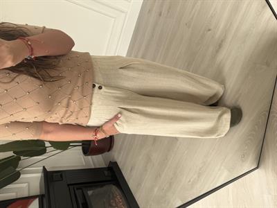 Arka Beli Lastikli , Camel Çizgili , Keten Dokulu , Bej Pantolon