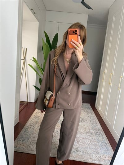 Dört Düğmeli , Premium Double Tencel , Vizon Blazer Takım