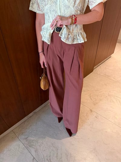 Deri Kemerli , %100 Cotton , Kiremit Palazzo Pantolon