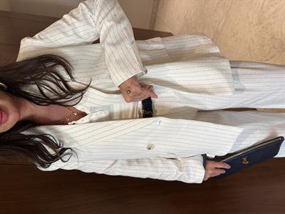 %100 Keten , Lacivert Çizgili , Blazer & Pantolon Takım