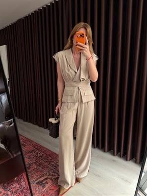 Beli Kuşaklı , Bej , Yelek & Pantolon Takım