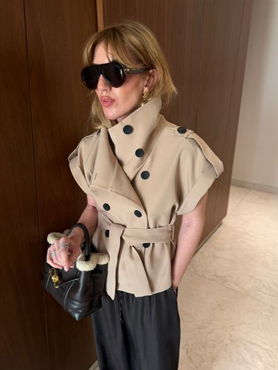 Kısa Kollu , Dik Yaka , Bej Trençkot