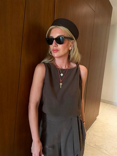 Orijinal Model , Omzu Boncuk Detaylı Bluz & Pantolon , Acıkahve Tencel Takım