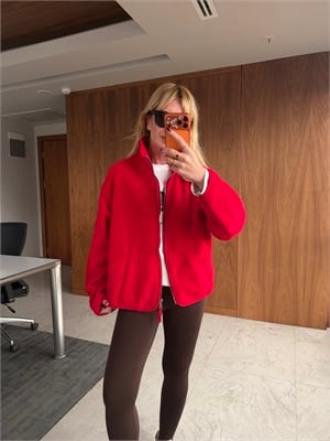 Önden Fermuarlı , Dik Yaka , Kırmızı Teddy Mont