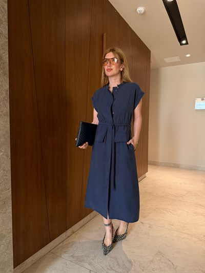 Orijinal Model , Kuşaklı & Cepli , Lacivert Tencel Elbise