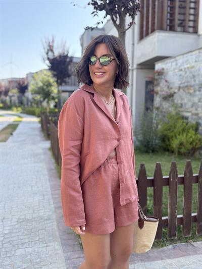 %100 Keten Gül Kurusu Gömlek & Şort Premium Takım