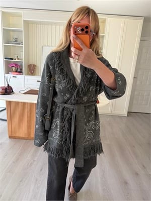 Gri Orijinal Model Desenli Şal Yaka Triko Hırka