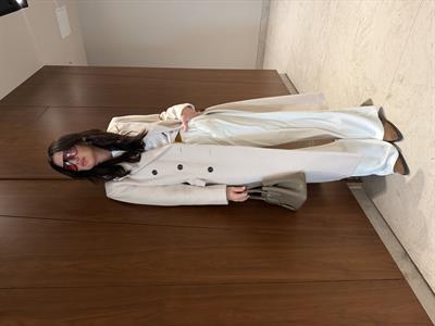 Ekru & Beyaz Balık Sırtı , Uzun Kaşe Kaban