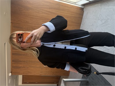 Poplin Garnili , Siyah , Kaşe Triko Ceket