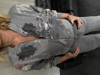 Çiçek Desenli , Payetli , Gri Bomber Ceket