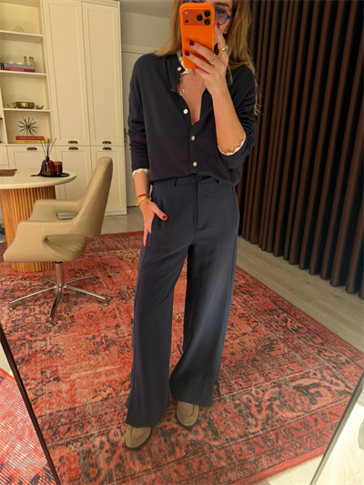 Lacivert Premium Tok Tencel Kumaş, Paçası Düğme Detaylı Pantalon 