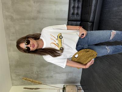 %100 pamuklu , Araba Desenli , Ekru T-shirt 