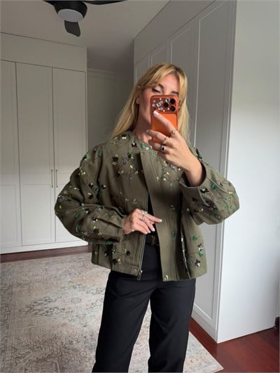 Pul Payet İşlemeli , Haki , Premium Gabardin Ceket