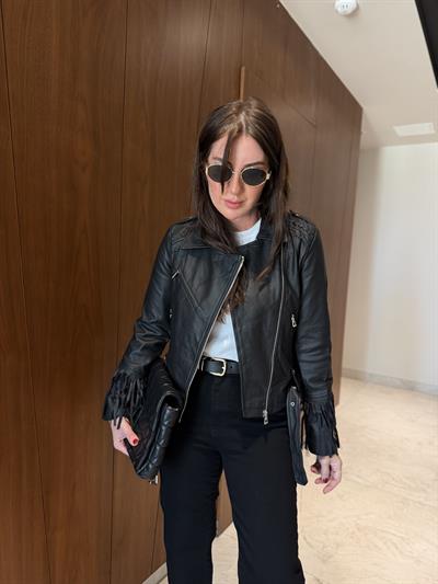 Püskül Detaylı , Siyah Deri Ceket