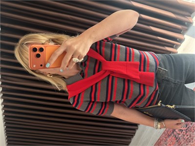 Premium, Kırmızı Fularlı, Çizgili Gri Merserize Bluz