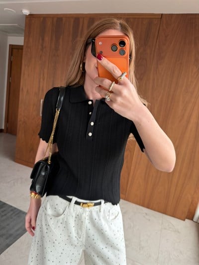 Polo Yaka , Gold Düğmeli , Siyah , Saç Örgü Triko