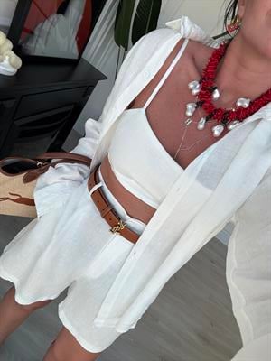 %100 İthal Keten , Ekru , Çift Kat Askılı Bluz