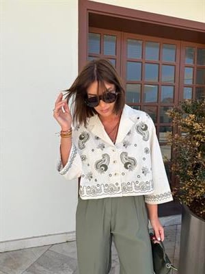 Önden Düğmeli , Haki İşlemeli , Ayna Pullu , Tasarım Gömlek