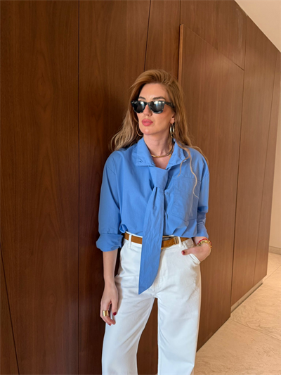 Orijinal Model , Mavi , %100 Koton , Fularlı Poplin Gömlek