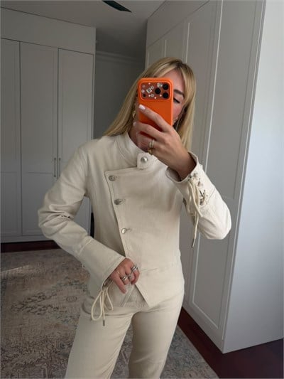 Arka Beli İpli , Asimetrik Kesim , Bej , Ceket & Pantolon Jean Takım