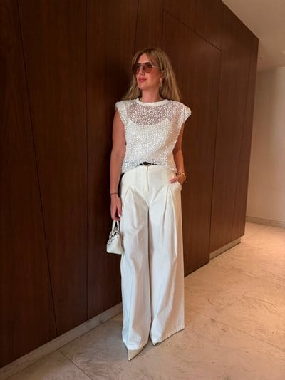 Deri Kemerli , %100 Cotton , Ekru Palazzo Pantolon