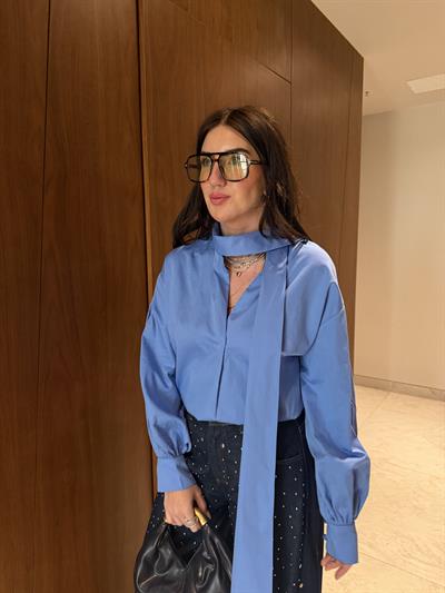 Şal Yakalı , %100 Cotton , Bebe Mavisi Tasarım Gömlek