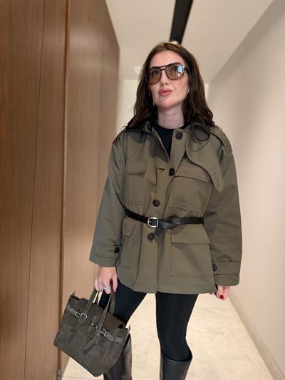 Orijinal Model , Deri Yakalı , Kemerli , Haki Trençkot