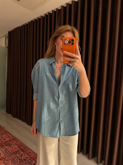 Bgm Marka , Logo İşlemeli , Tencel Jean Gömlek