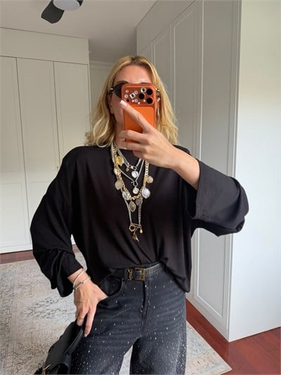 Siyah , Vatkalı Oversize , Modal Bluz