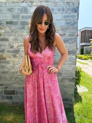 Belden Bağlamalı , Askılı , Gold Pembe Desenli , İthal Elbise