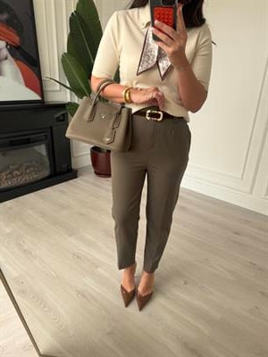 Süet Kemerli , Haki, Likralı Havuç Pantolon