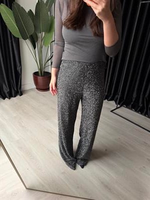 Full Likralı, Antrasit Parıltılı Tiril Palazzo Pantolon 