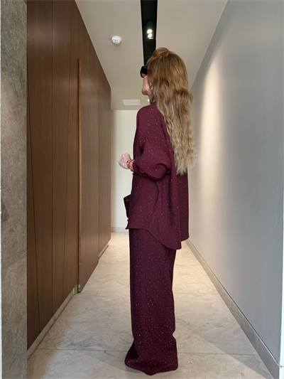 Bordo , Full Taşlı , Modal Tencel , Gömlek & Pantolon Takım