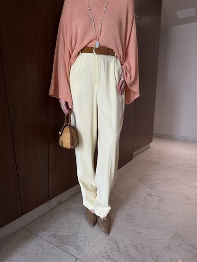Orijinal Model , Süet Kemerli , Sarı , Tok Tencel Pantolon