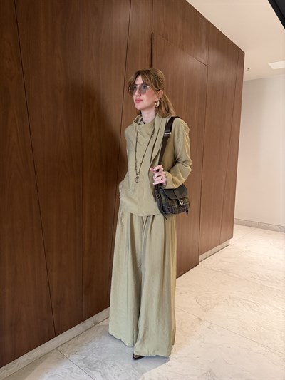 Yağ Yeşili Orijinal Model Fular Yakalı Gömlek & Pantalon Premium Tencel Takım